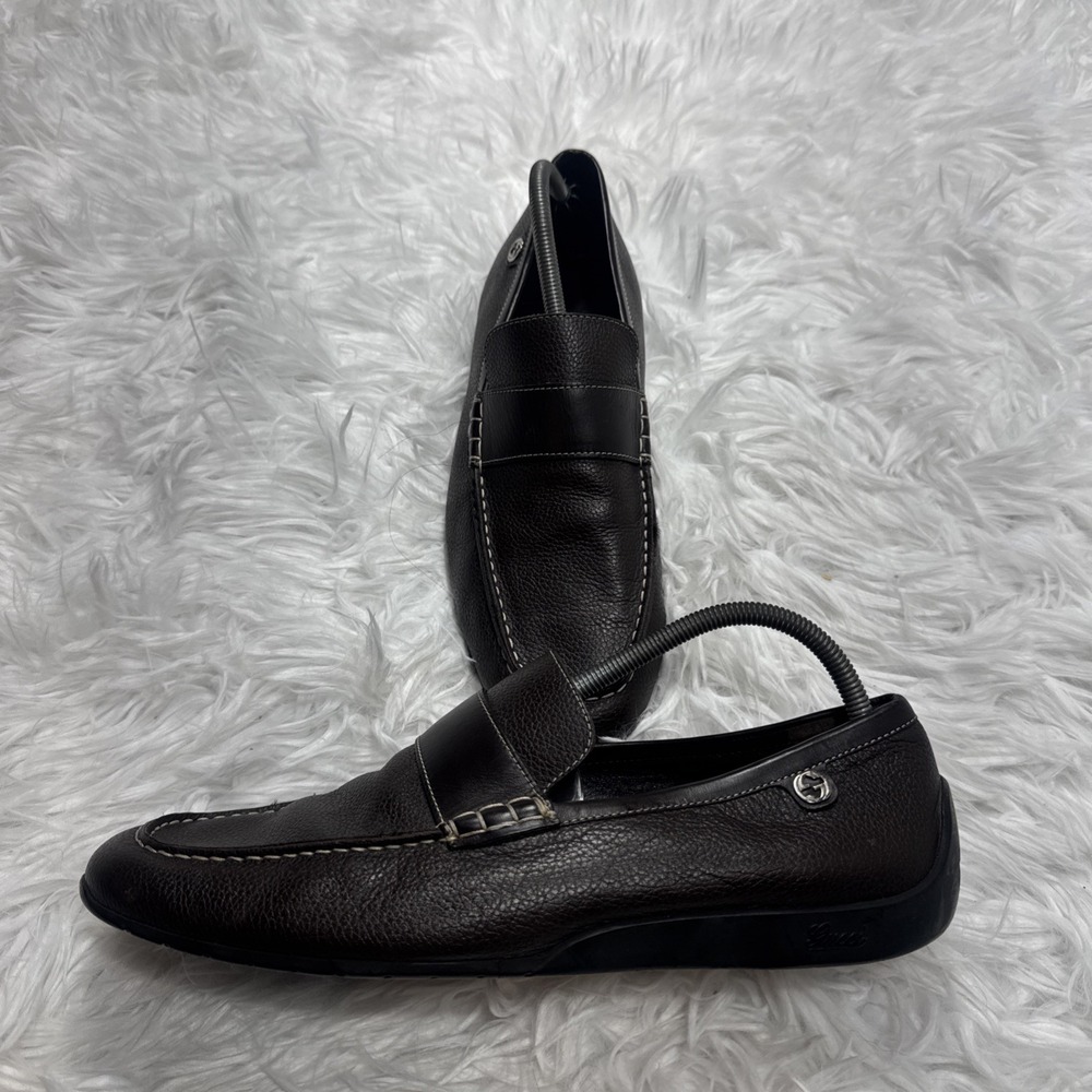 Gucci Mens Leather Driving Loafers Shoes Dark Mahogany Brown Size 10 Pebbled - Picture 2 of 9